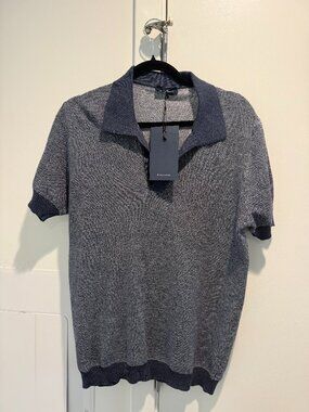 Thom Sweeney Contrast Knitted Polo Darkest Navy Cotton Linen Mens M NWT
